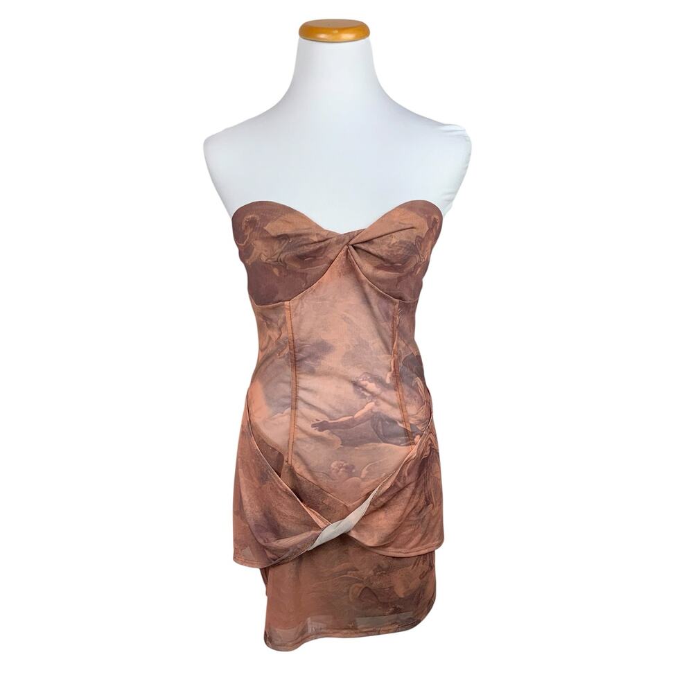 New Missguided Strapless Bodycon Mini Dress Mesh Renaissance Print Women's XL